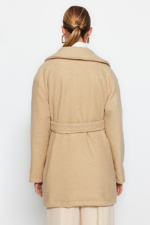 Bej Oversize Geniş Kesim Kuşaklı Buklet Kaban TWOAW24KB00057 - 5