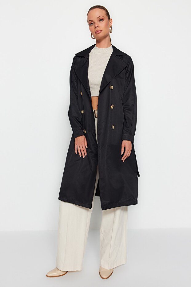 Fekete öves vízlepergető hosszú kabát TWOAW24TR00003 - 8