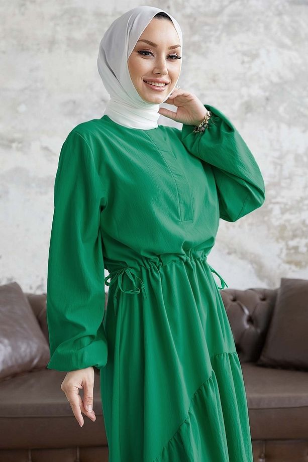 Merya Tünel Kemerli Soft Ayrobin Elbise - Koyu Yeşil - 2