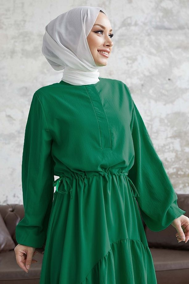 Merya Tünel Kemerli Soft Ayrobin Elbise - Koyu Yeşil - 3