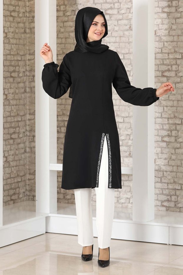 Stone Detailed Slit Tunic Black - Fashion Showcase Design - FSC2039
