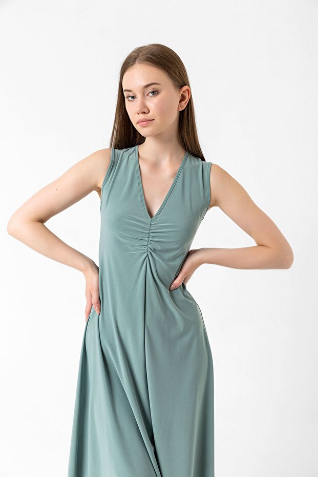 Nil Yeşili V Yaka Elbise - 3