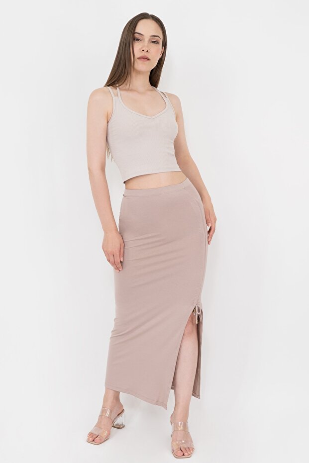 Women's Beige Adjustable Gathered Viscose Slit Skirt