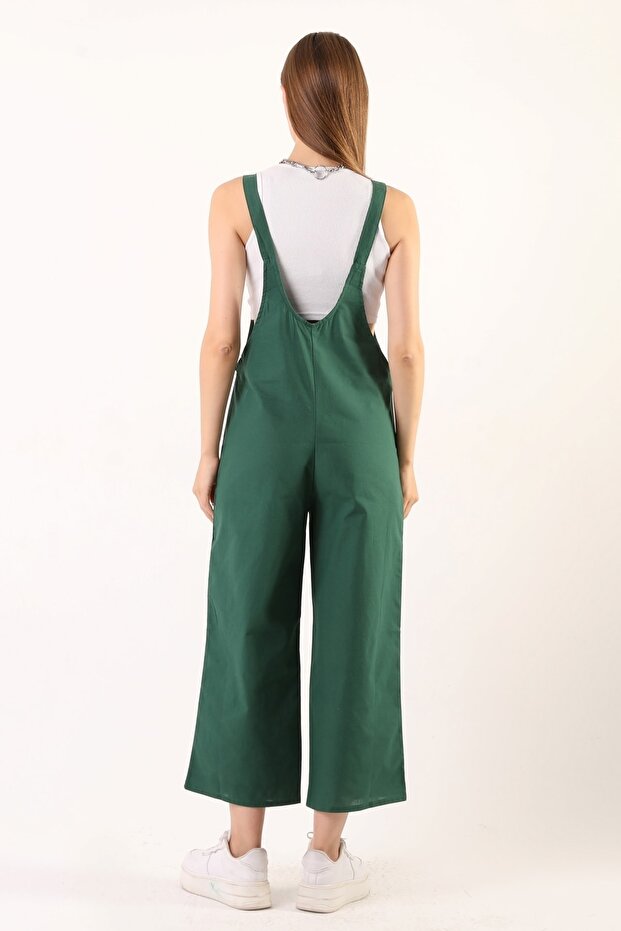 Green Front Pocket Strap Adjustable Buttoned Overalls - 7