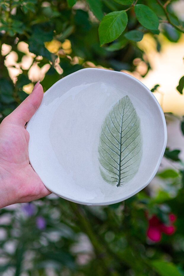 Yaprak Desenli Tabak, El Yapımı Seramik Tabak, Dekoratif Tabak, 20 cm Tatlı Tabağı - 2