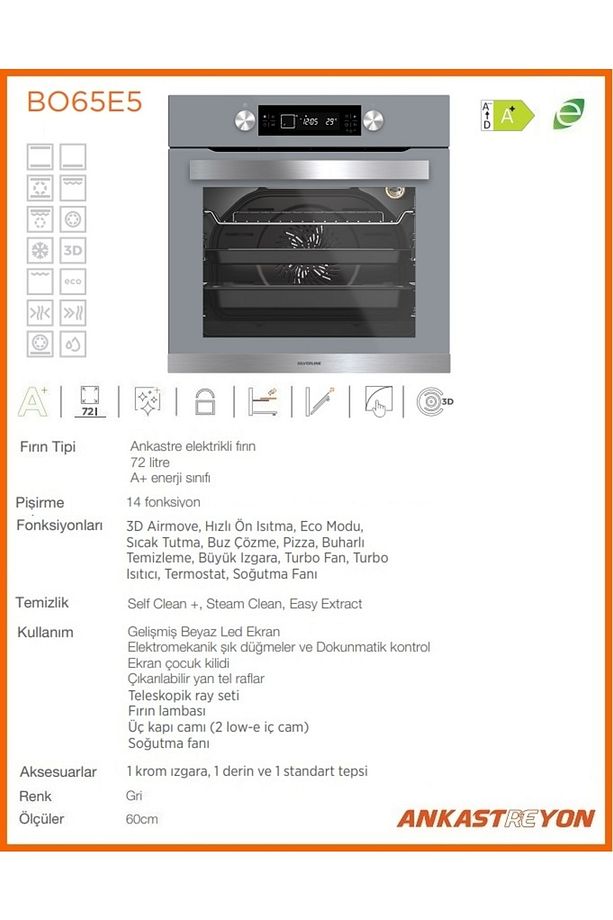 BO65E5S01 Gri Cam Ankastre Fırın 14 Program Multifonksiyonel - 2