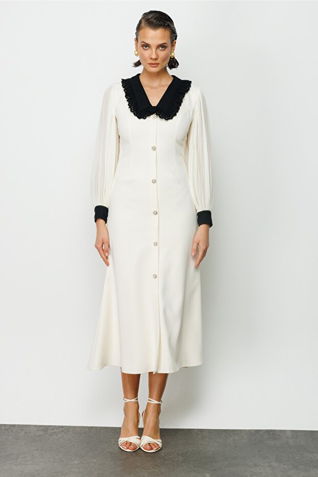 Dantel Yaka Krep Elbise - 4