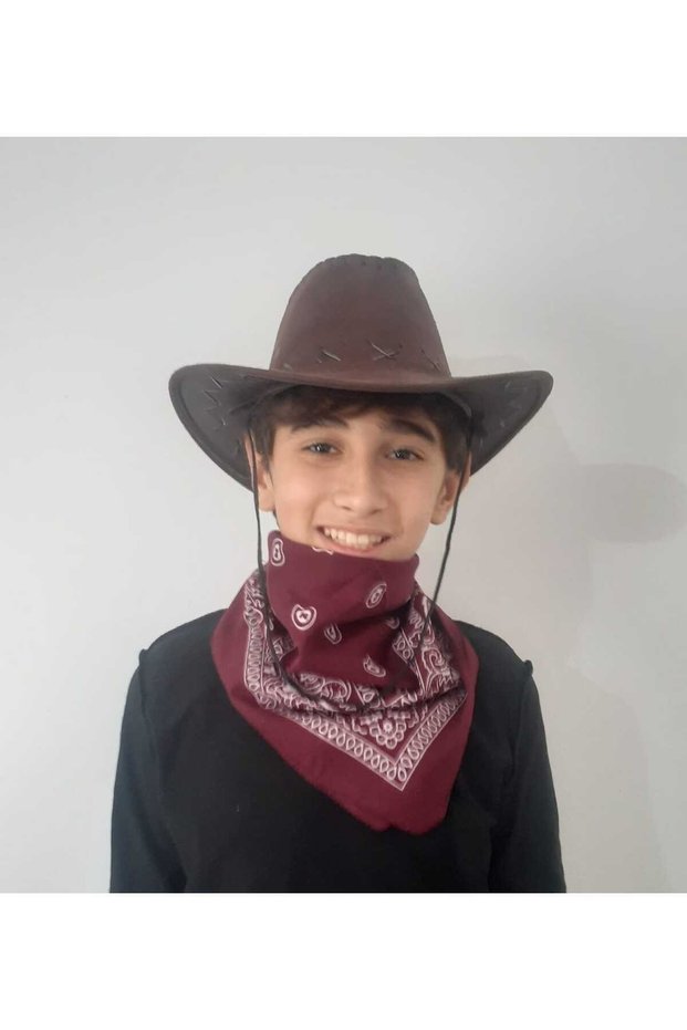 Children's Unisex 8 - 14 Years Suede Cowboy Hat Claret Red Bandana Gift Boxed Delivery