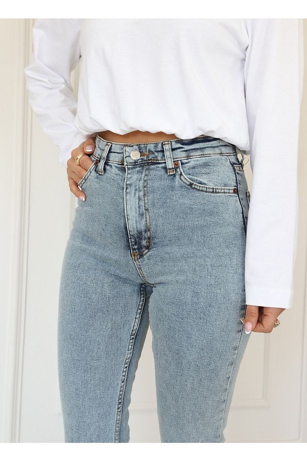 Indila Buz Kar Ispanyol Mavi Kot Yüksek Bel Mavi Kar Yıkama Flare Jeans Kot Pantolon - 3