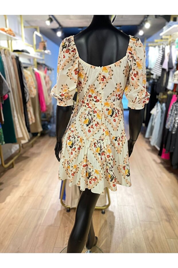 Desenli Elbise - Krem - 4