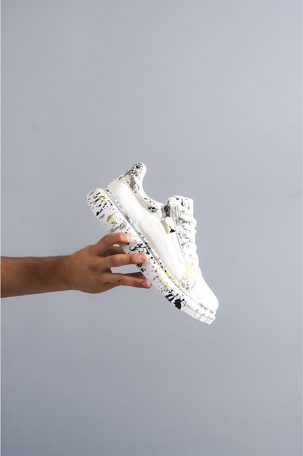P02 Bağcıklı Yüksek/Kalın Ortopedik Taban Sarı Baskılı Spor Sneaker Erkek Ayakkabı BT Beyaz - 5