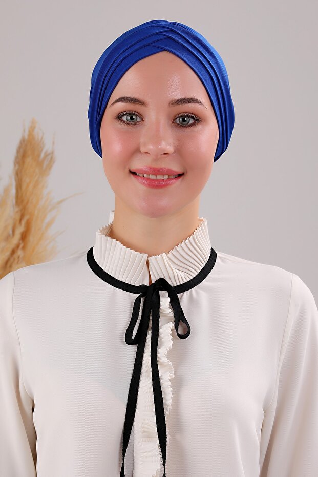 Women's Three-Striped Cross Ready-made Turban Outer Bonnet Cobalt Blue