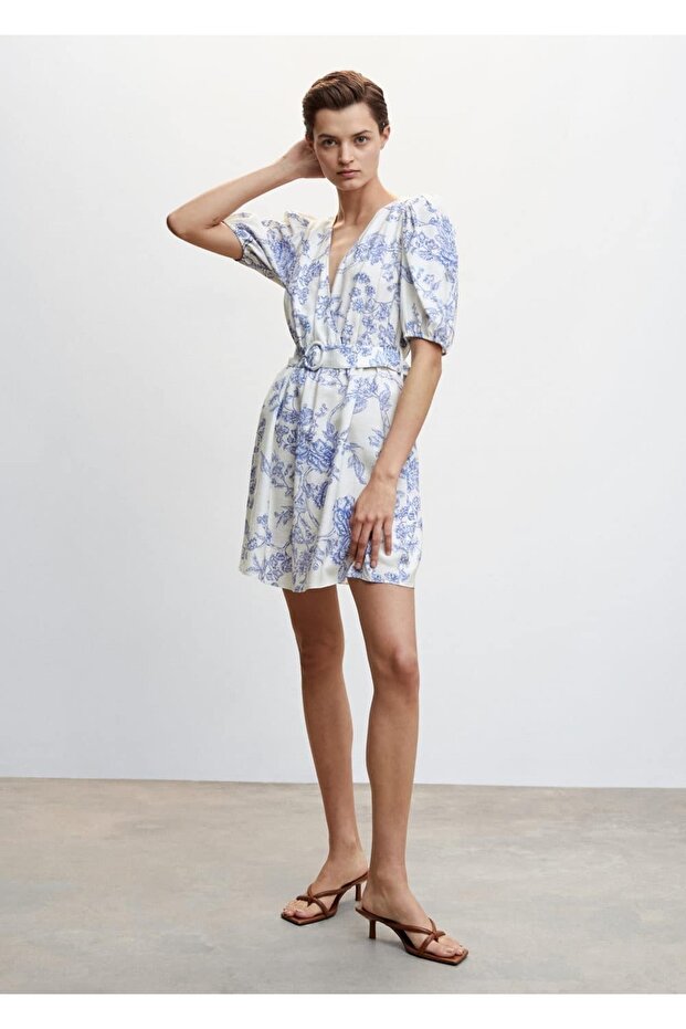 Kemerli Çiçekli Elbise - 2