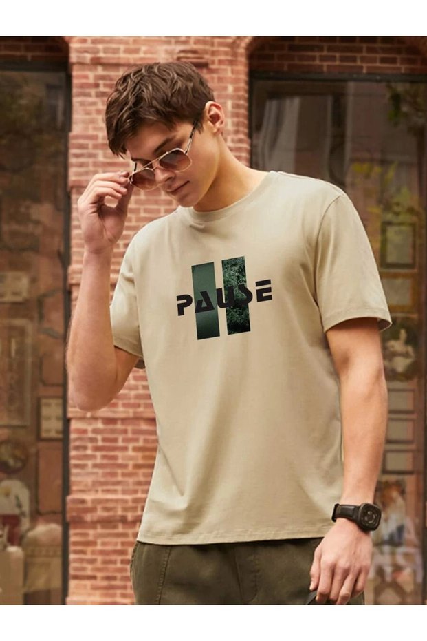 Men's Knitted Pause Printed White 100% Cotton T-Shirt.
