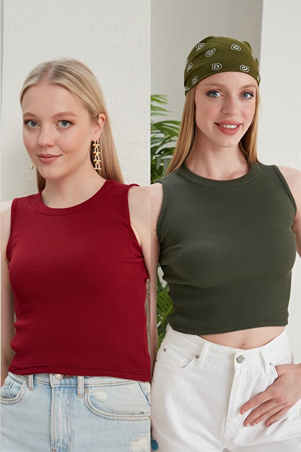 Women's Claret Red Khaki Halter Neck 2-Piece Crop Blouse