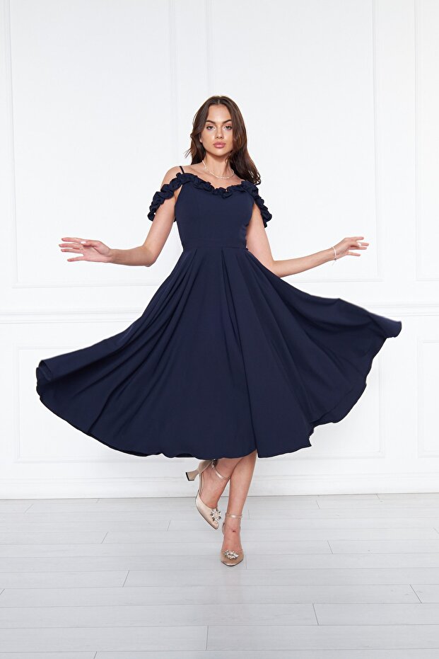 Women's Adjustable Strap Collar Ruffle Detail Woven Fabric Pleated Flared Midi Length Evening Dress