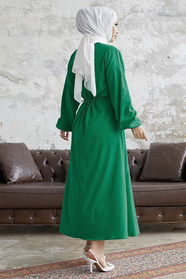 Merya Tünel Kemerli Soft Ayrobin Elbise - Koyu Yeşil - 4