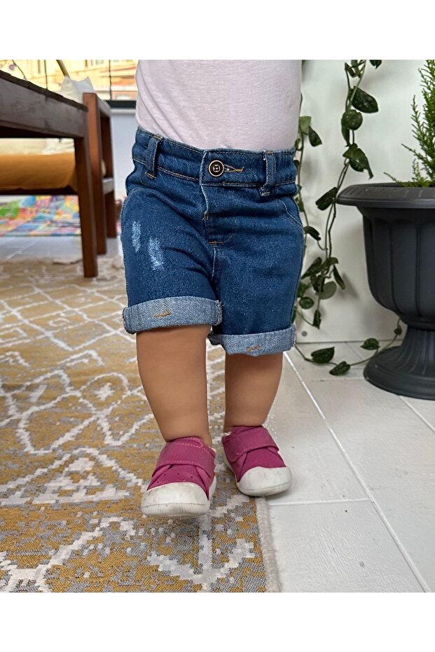 Denim Fabric Dark Blue Children's Shorts with Adjustable Elastic Waist