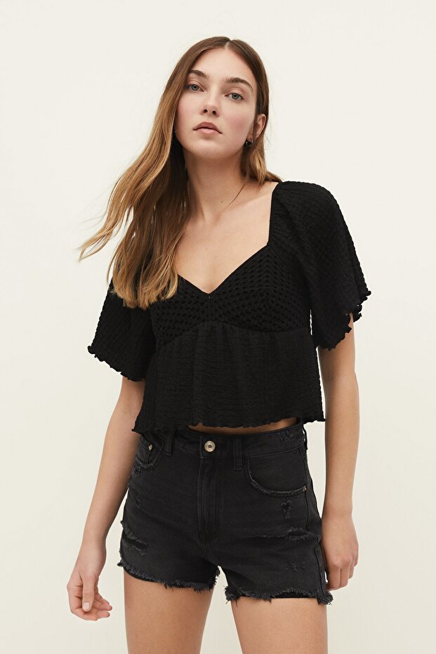 Distressed denim şort - 1