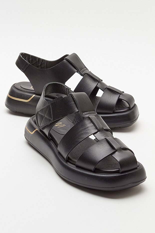 BELİV Black Skin Genuine Leather Women's Sandals