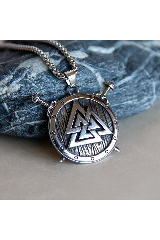 Valknut Shield Norse Warrior Men's Steel Necklace