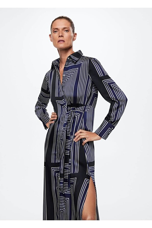 Geometrik Desenli Midi Elbise - 1