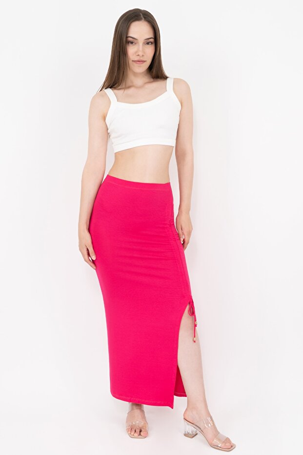Women's Pink Adjustable Gathered Viscose Slit Skirt