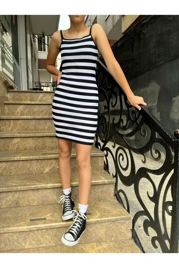Women's Crochet Striped Summer Saran Knitwear Dress