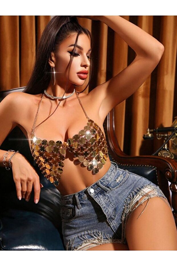 Parıltılı Pullu Metal Büstiyer - 5