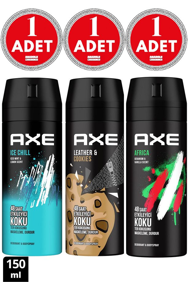 Erkek Deodorant Sprey Ice Chill 150 Ml +Leather & Cookies 150 Ml + Africa 150 ml 1'er Adet - 1
