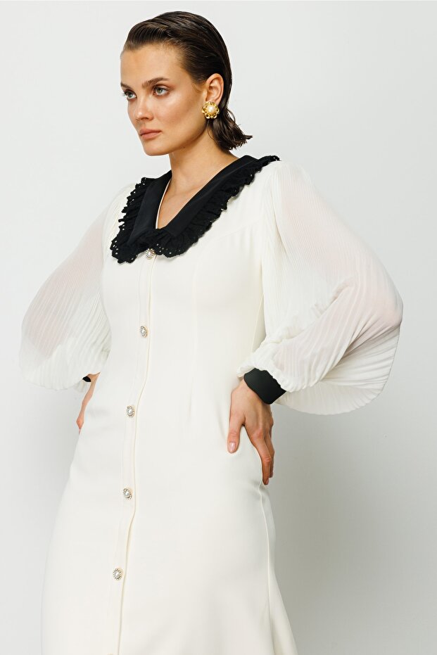 Dantel Yaka Krep Elbise - 1