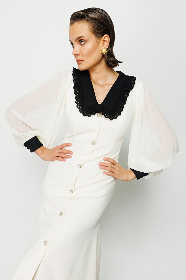 Dantel Yaka Krep Elbise - 2