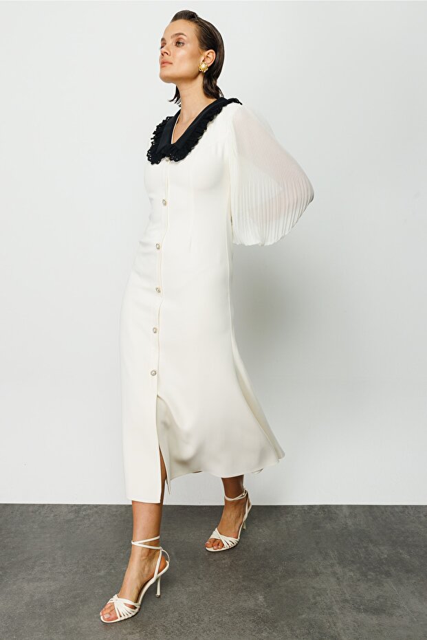 Dantel Yaka Krep Elbise - 5