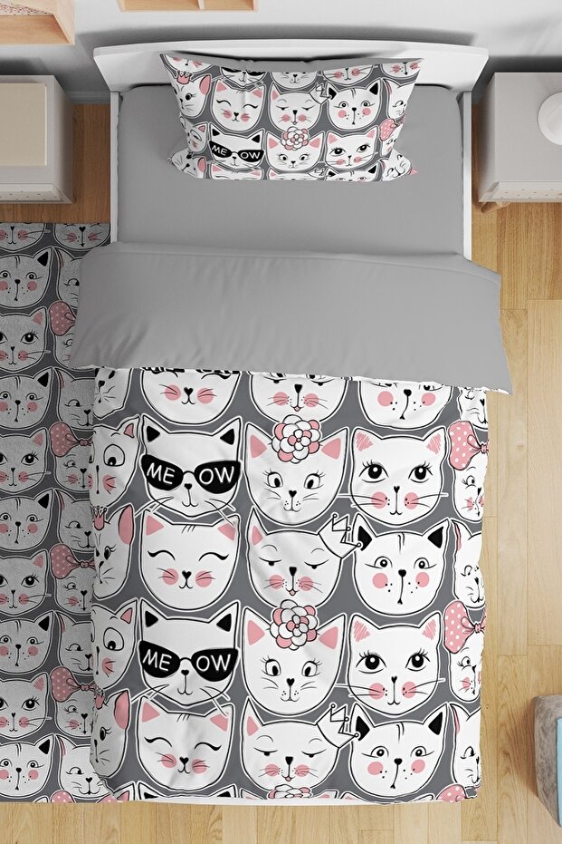 Pink Ribbon Cats Patterned Single Baby Kids Bedding Set