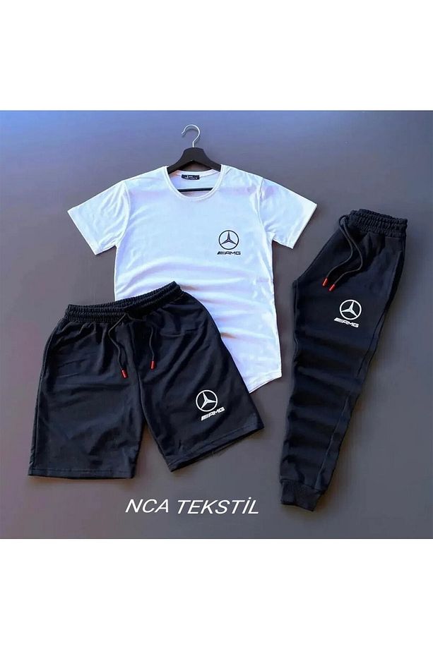 Spor Spor Baskılı Original Ünisex Yazlık Şort T-shirt Eşofman Altı 3 Lü Set Combin Takım - 1