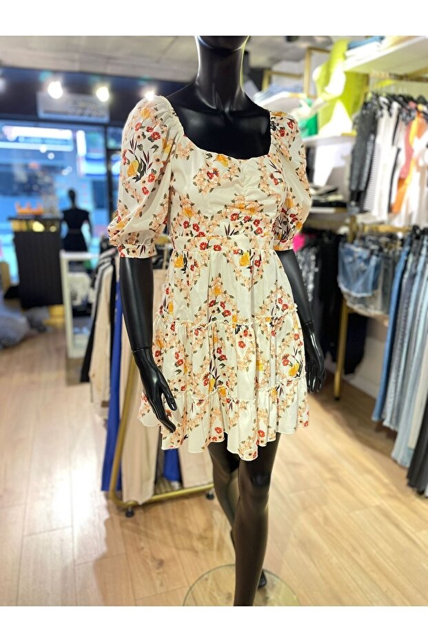 Desenli Elbise - Krem - 2