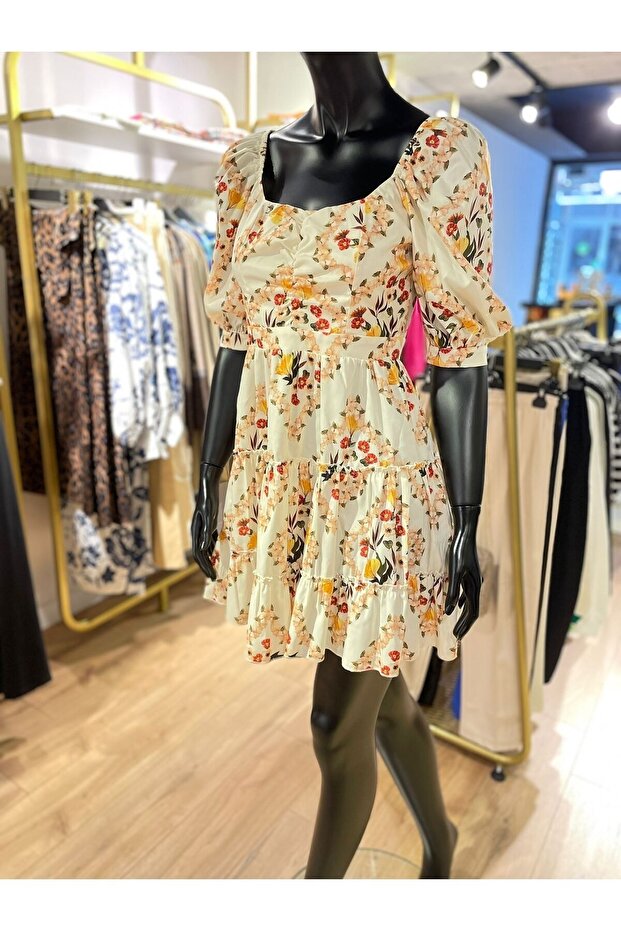 Desenli Elbise - Krem - 3