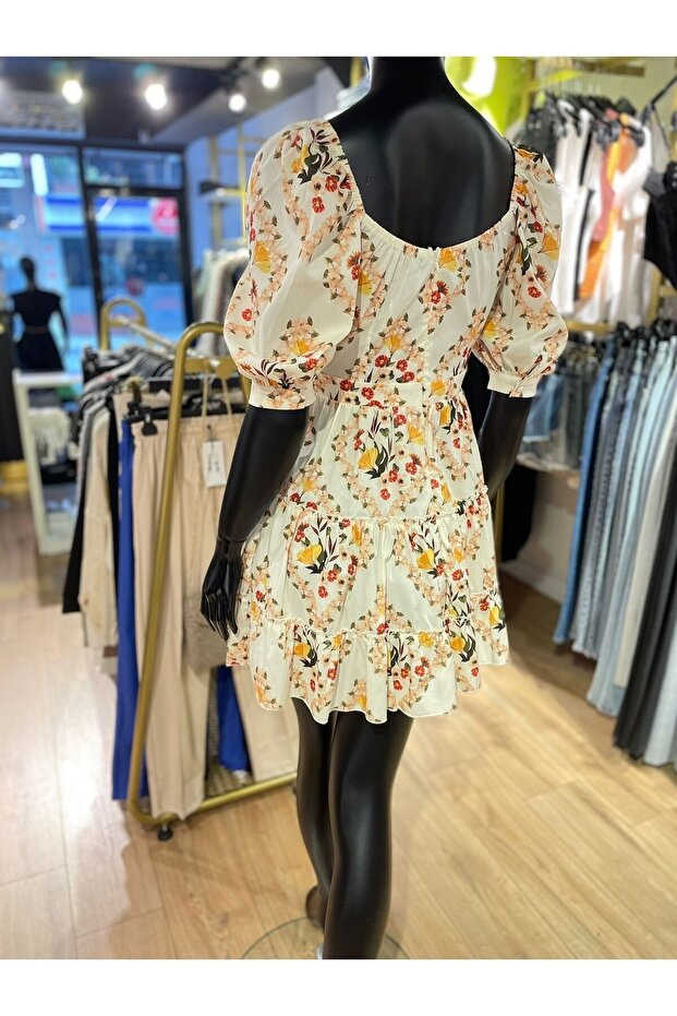 Desenli Elbise - Krem - 5