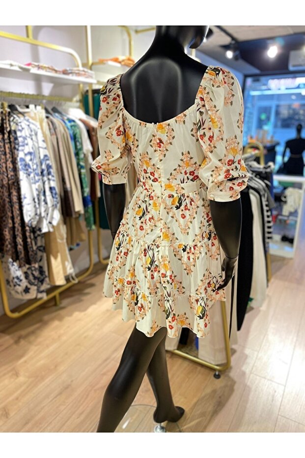 Desenli Elbise - Krem - 6