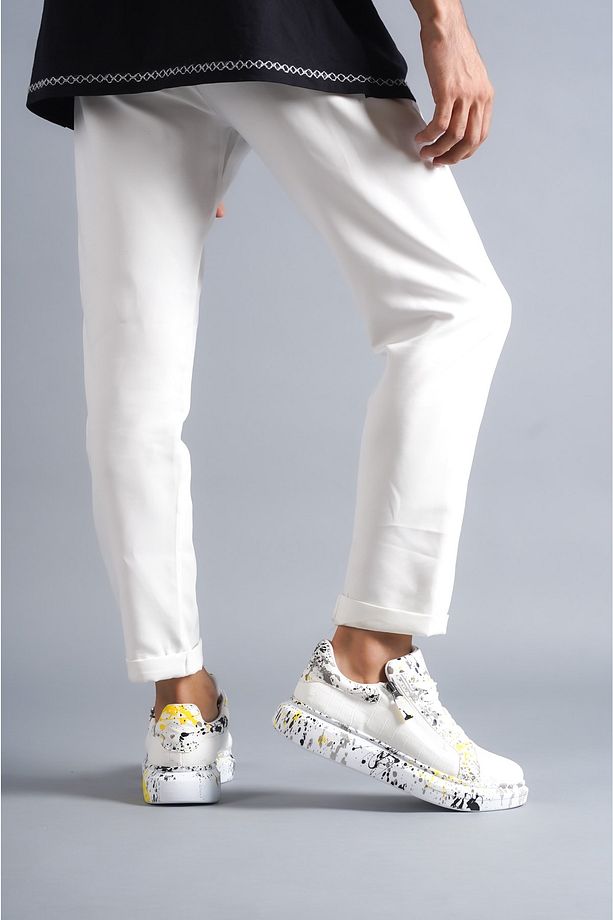 P02 Bağcıklı Yüksek/Kalın Ortopedik Taban Sarı Baskılı Spor Sneaker Erkek Ayakkabı BT Beyaz - 3