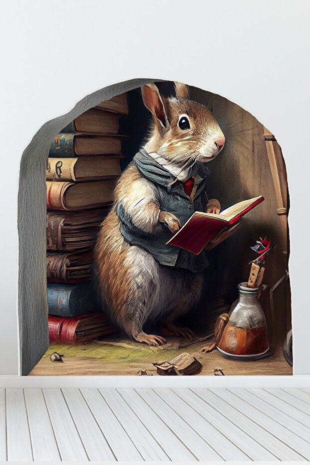 ملصق حائط على شكل فأر يقرأ كتابًا، ملصق مكتبة لطيف للفأرة والماوس