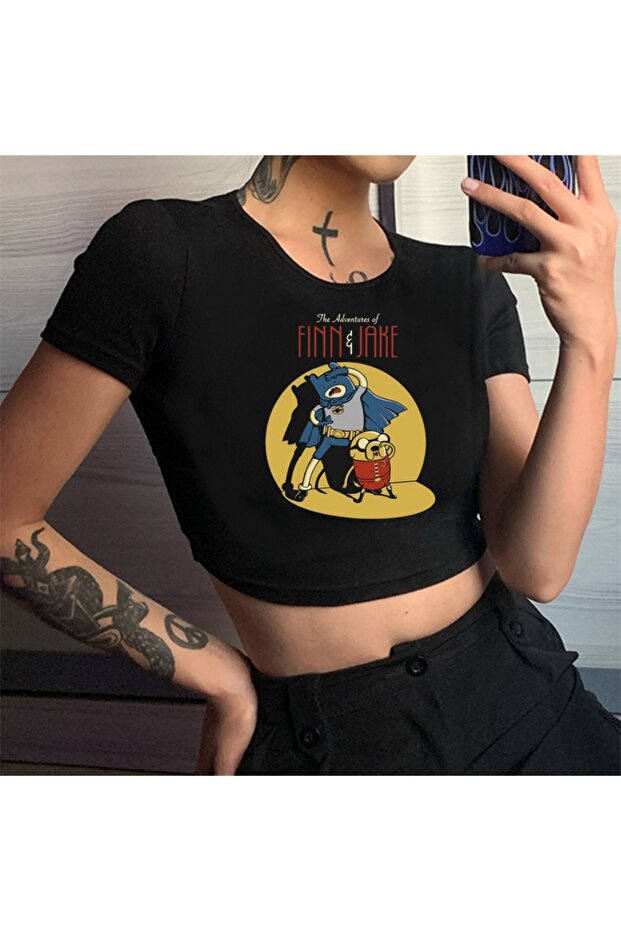 Adventure Time Finn and Jake Printed Black Crop