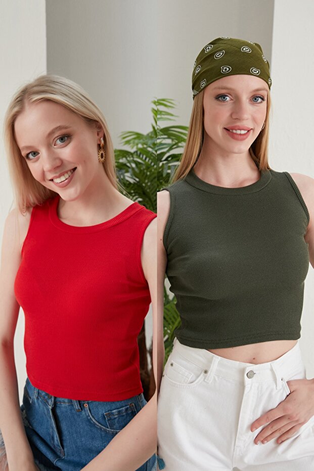 Women's Red Khaki Halter Neck 2-Piece Crop Blouse