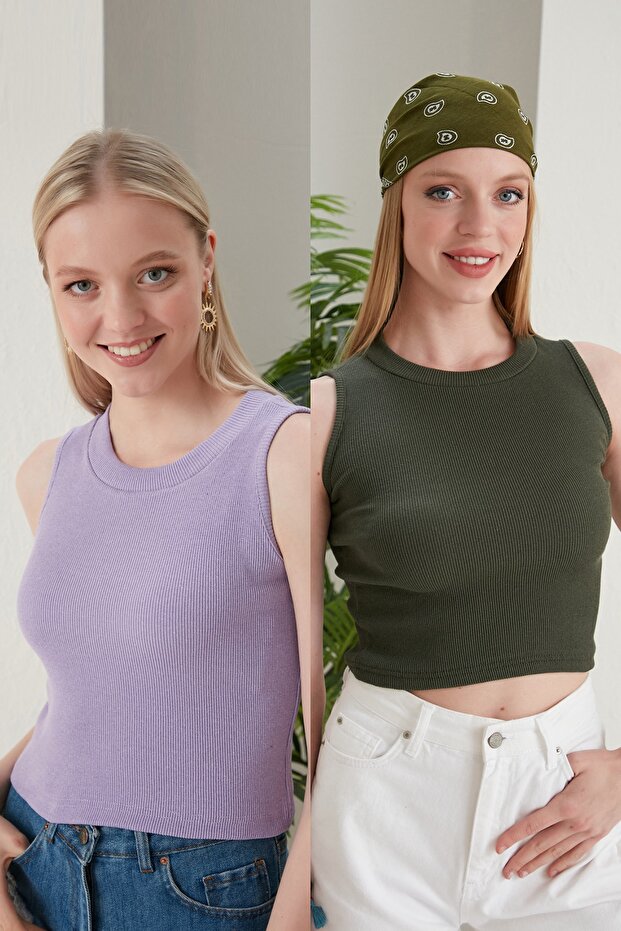 Women's Lilac Khaki Halter Neck 2-Piece Crop Blouse
