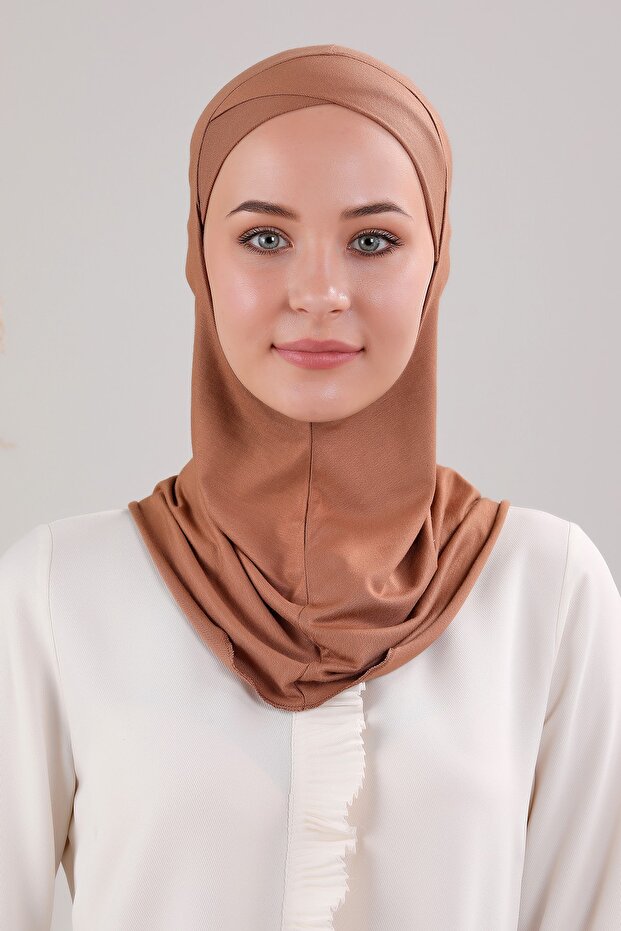 Hijab Hijab Crossed Bonnet with Neck Collar Lycra Flexible Combed Cotton Ninja Bonnet Cinnamon