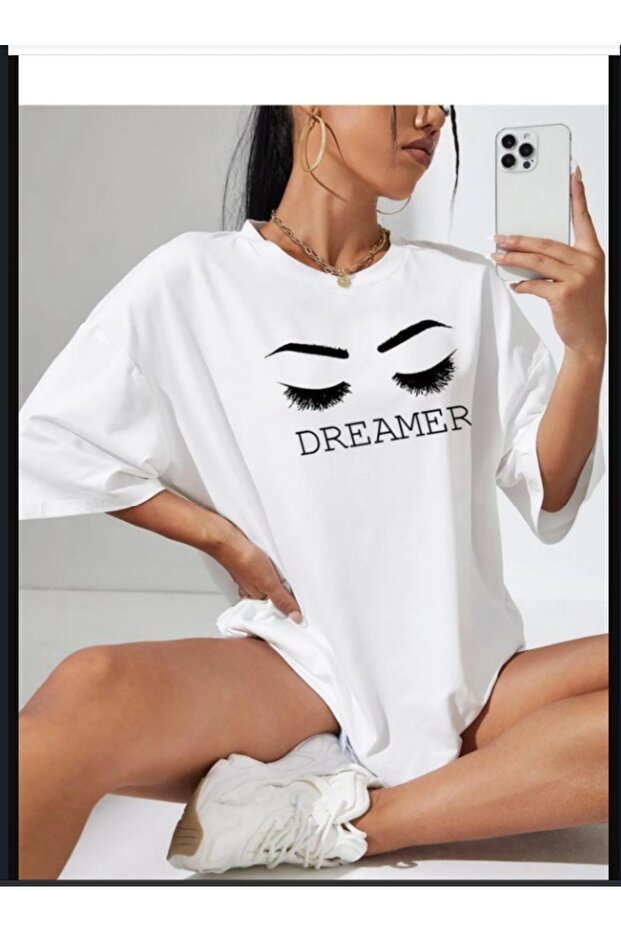 t-shirt white eyelash printed crew neck oversize
