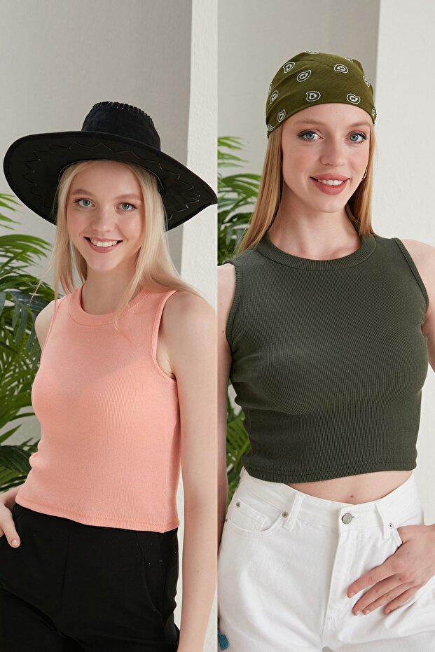 Women's Salmon Khaki Halter Neck 2-Piece Crop Blouse
