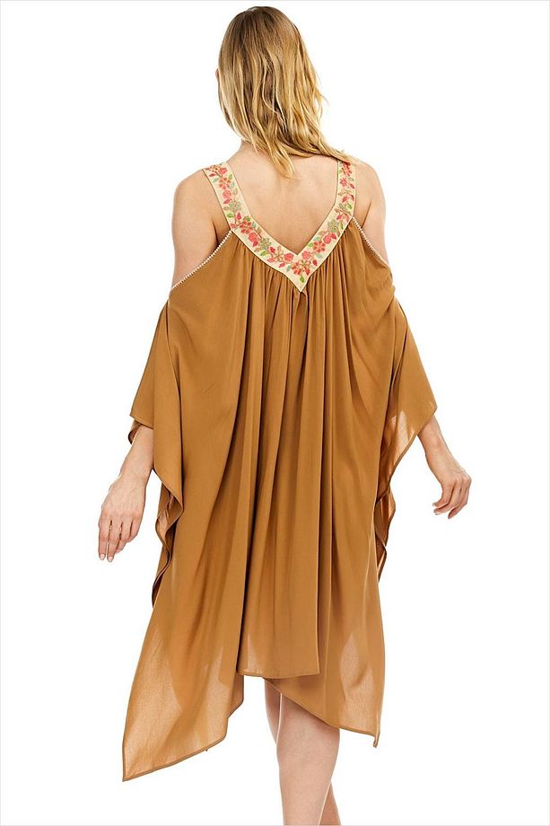 Kadın Camel Nakış İşlemeli Yarasa Kol Plaj Elbisesi 9605 - 2