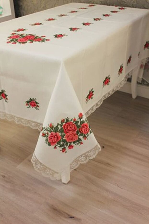 Cross Stitch Printed Laced Table Cloth Red