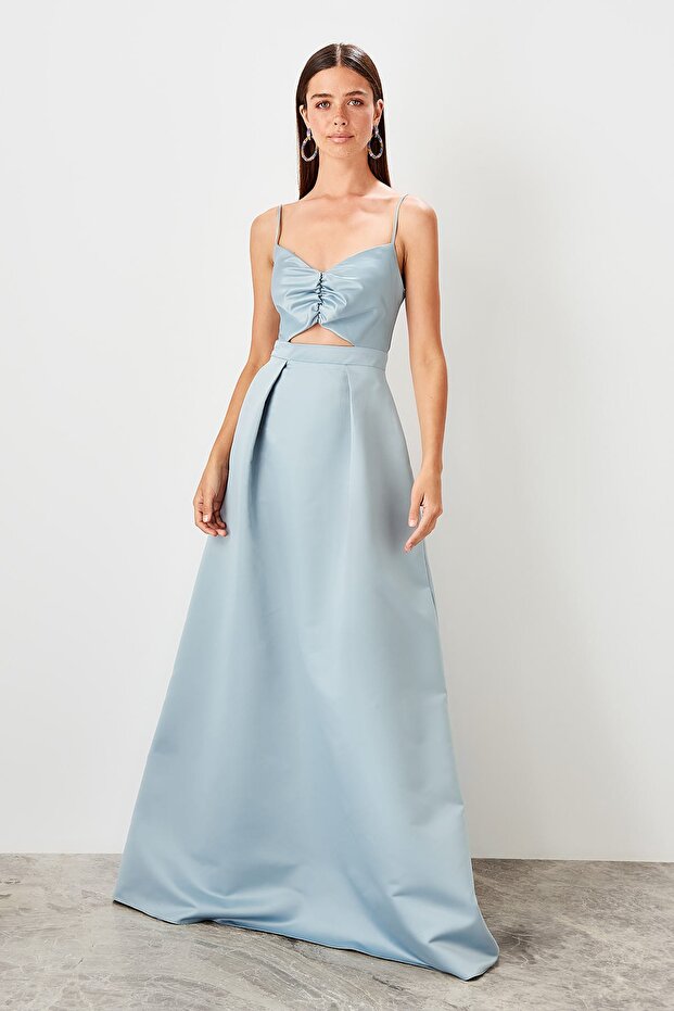 Mavi Bel Dekolteli Abiye Elbise TPRSS19VF0041 - 2